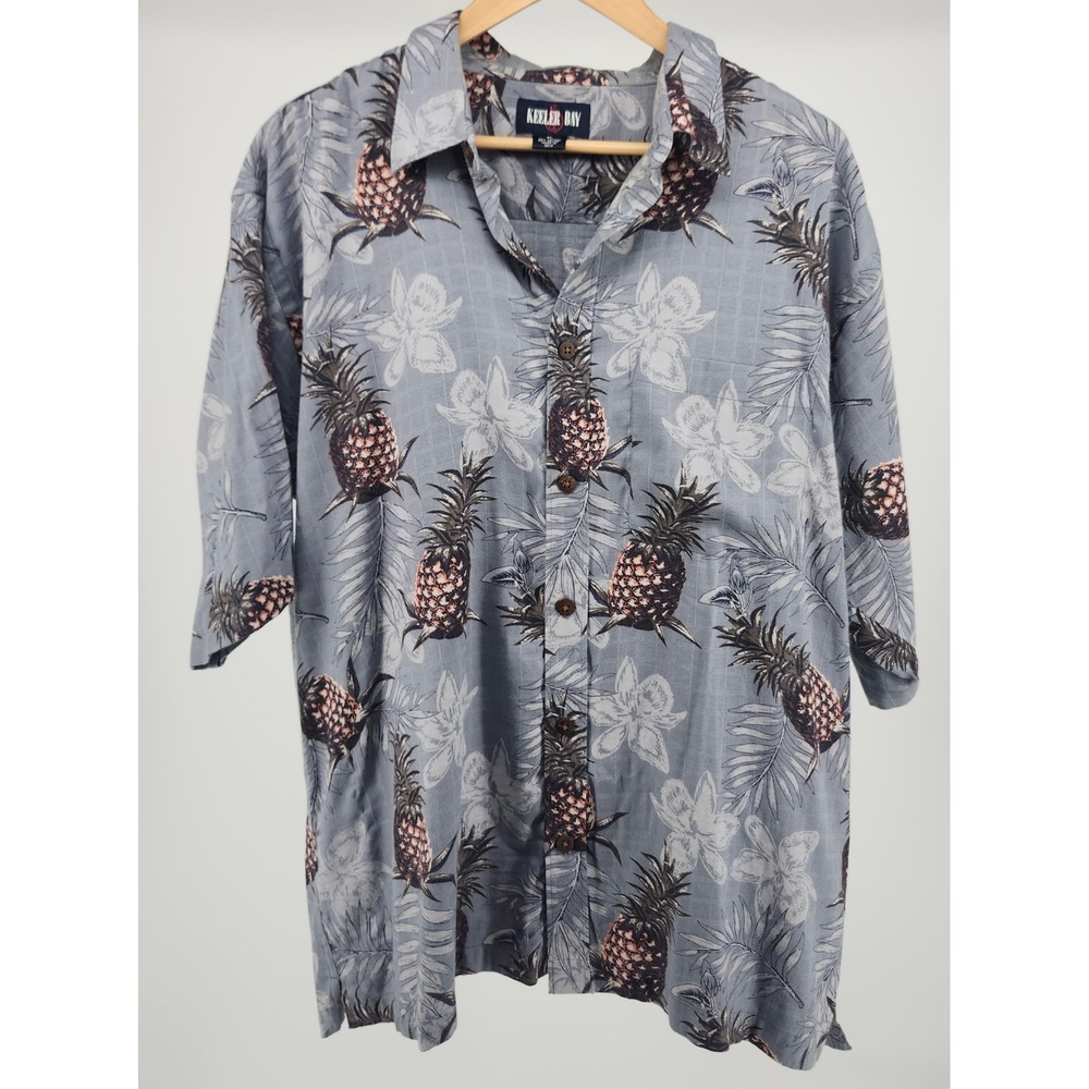 Keeler Bay Mens XL Pineapple Tropical Floral Button Up Shirt Grey Cotton Rayon
